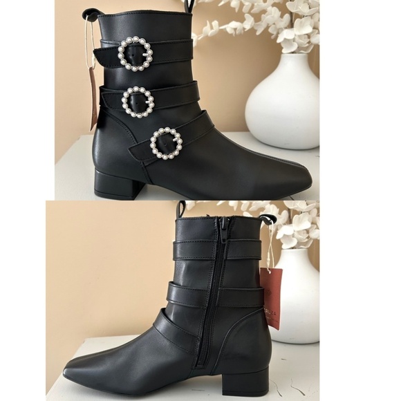 NWT CRUZA Black Leather Pearl Embellished Ankle Booties Made in Portugal Size7.5 - Picture 6 of 16